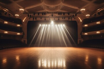 empty stage, bright red spotlights. start of the show. theater, concert hall. Philharmonic - obrazy, fototapety, plakaty