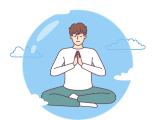 Meditating man does yoga in lotus position in transparent bubble flying in sky and performing zen exercises. Guy is protected by imaginary cocoon that appeared thanks to meditation and yoga