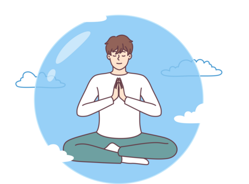 Meditating man does yoga in lotus position in transparent bubble flying in sky and performing zen exercises. Guy is protected by imaginary cocoon that appeared thanks to meditation and yoga - Powered by Adobe