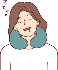 Woman sleeps using neck pillow while traveling and experiences comfort thanks to travel cushion. Sleeping girl with closed eyes and drooling, with pillow to support neck for sedentary rest