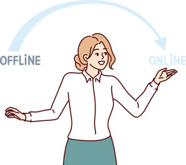 Woman is engaged in business digitalization and points to word online, recommending use internet technologies. Girl specialist in digitalization company suggests abandoning offline promotion methods