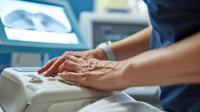 Close-up view of a healthcare professional's hands operating an ultrasound machine