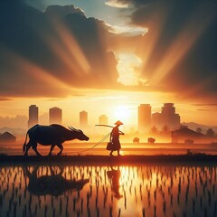 A farmer is leading a buffalo back from the rice field in the evening. The backdrop is a city.