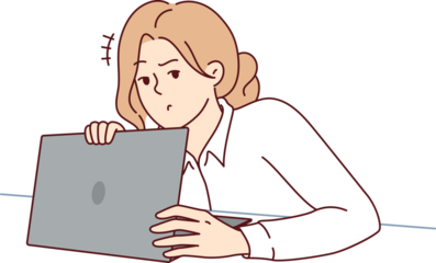 Woman is worried about privacy, hiding laptop screen and wanting to protect personal data and password from theft. Girl with computer takes care of confidentiality of sensitive digital data