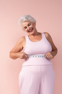 Positive retired lady measure belly dieting concept isolated pastel color background