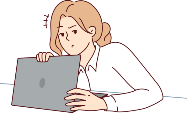 Woman is worried about privacy, hiding laptop screen and wanting to protect personal data and password from theft. Girl with computer takes care of confidentiality of sensitive digital data