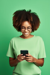 Portrait of toothy beaming nice African American woman wear stylish t-shirt in eyewear hold smartphone arm in pocket isolated on green color background