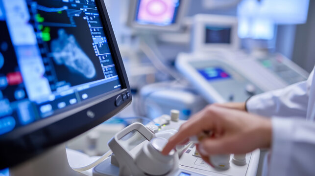Close-up view of a healthcare professional's hands operating an ultrasound machine