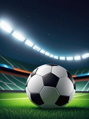 Naklejka premium A football resting on the lush grass of a football field, with stadium lights illuminating the scene during the night by ai generated