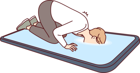 Man with digital addiction looks inside giant mobile phone, kneeling near gadget and suffering from social illness. Guy with cyber addiction does not expect help from psychotherapist