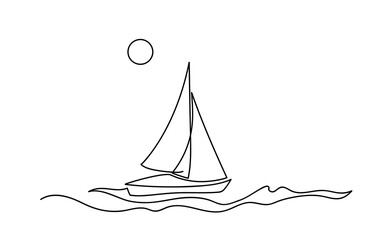 Yachts on sea waves. Seagull in the sky. Continuous line  drawing illustration. Isolated on white background