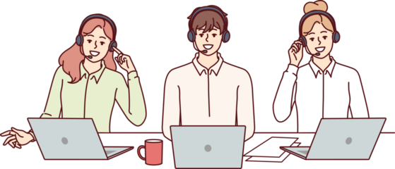 Call center employees with headsets for telephone sales sit at table with laptops and advise potential buyers. Call center with business people talking to clients via IP telephony.