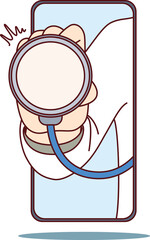 Doctor with stethoscope in mobile phone symbolizes telemedicine or hospital apps. Therapist diagnoses patient via smartphone using telemedicine technologies to search for symptom of disease