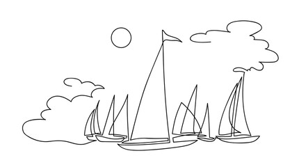 Yachts on sea waves. Seagull in the sky. Continuous line  drawing illustration. Isolated on white background