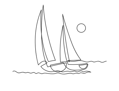 recommend clip art: Yachts on sea waves. Seagull in the sky. Continuous line  drawing illustration. Isolated on white background