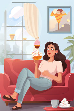 Woman, eating ice cream and living room on sofa, thinking or idea for dessert, sweets or relax in home. Girl, gelato or frozen yogurt for snack, lounge couch and house with memory, choice or decision