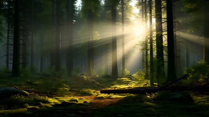 A forest with sun rays shining through the trees,,
Beautiful alley in the autumn forest Pro Photo