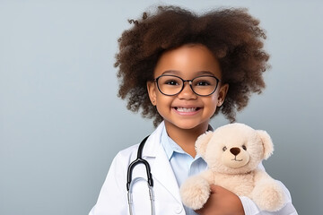 Head shot portrait smiling cute African American girl wearing glasses and white coat uniform with stethoscope pretending doctor looking at camera, playing with fluffy toy patient - obrazy, fototapety, plakaty