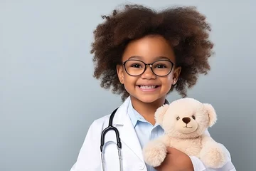 Poster Head shot portrait smiling cute African American girl wearing glasses and white coat uniform with stethoscope pretending doctor looking at camera, playing with fluffy toy patient © AI_images