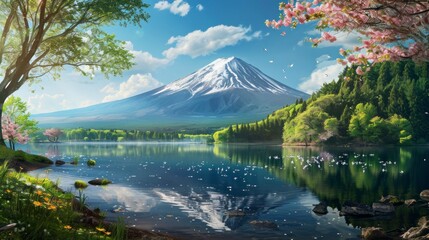 beautiful landscape of Mount Fuji with pink trees and a large lake