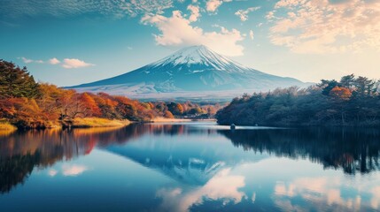 beautiful landscape of Mount Fuji with pink trees and a large clear lake - obrazy, fototapety, plakaty