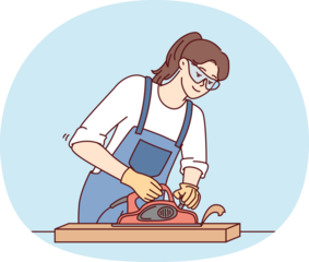 Woman furniture maker uses jointer to process wooden planks needed to create furniture. Vector image