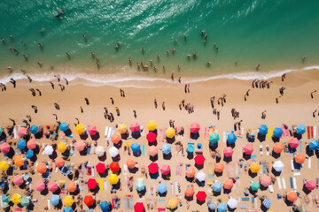 Fun-filled Day at the Colorful Beach: Aerial View of Crowded Mediterranean Coastline