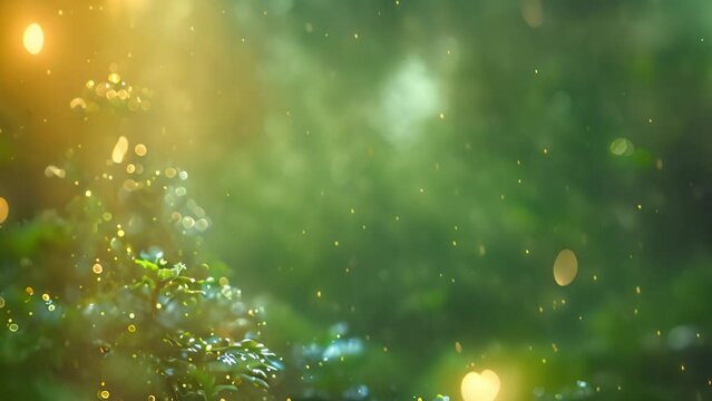 Emerald greenery forest foliage background. Green garden trees wedding invitation. Summer leaves card texture. Bokeh lights art.Rustic style save the date.Elegant outdoor party template garland sparkl