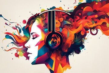 Artistic illustration featuring a head wearing headphones. This colorful illustration depicts the relaxation and emotion that come with listening to music.