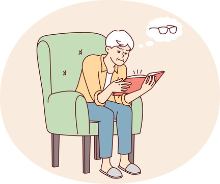 Elderly man sits in chair reading book thinks about need to buy glasses to vision. Vector image