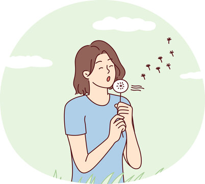 Carefree woman walks in clearing with dandelion in hands and blows off petals flying. Vector image