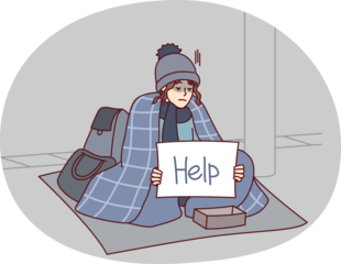 Homeless woman outdoor asks for alms sits on ground with inscription help on paper. Vector image