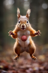 Hopsende Lebensfreude: Ein flauschiges Eichhörnchen in wilder Aktion, auf der Jagd nach der perfekten Nuss - obrazy, fototapety, plakaty