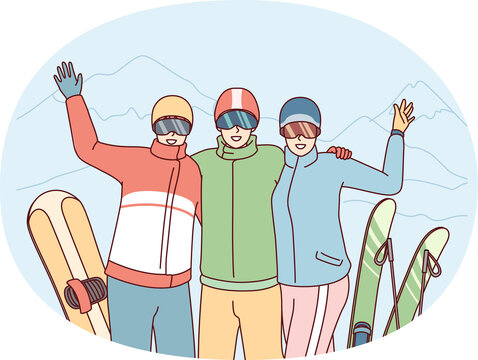 Company of friends at ski resort waving their hands posing on winter vacation. Vector image