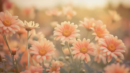 Fotobehang Gerbera daisy flowers meadow in warm colours, product display backdrop. © wonder