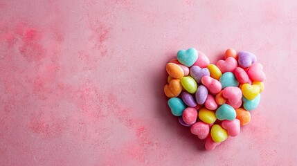 Colorful candies in the shape of heart on pink background, ai generative