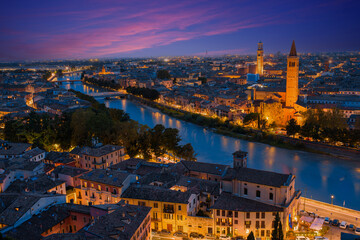 Top view of Verona, Italy during summer sunset.