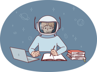 Boy in spacesuit sits at table with laptop and textbooks making notes in workbook. Vector image