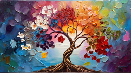 tree of life painted with oil paints. Gorgeous colorful background. generated by AI