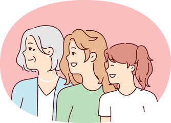 Women of different ages look in same direction with smile for feminism concept. Vector image