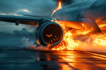 With a damaged engine that began to burn, an airplane made emergency landing on runway AI Generation - obrazy, fototapety, plakaty