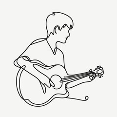 Melodic Reverie: Silhouette Illustration of a Man Engrossed in Playing the Guitar, Crafted with a Stylish Thin Black Line, Set Against a Light Background