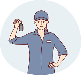 Woman working at car wash shows key to car after providing body cleaning services. Vector image