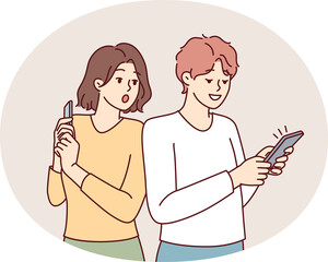 Curious woman looking at boyfriend phone spying on social media correspondence. Vector image