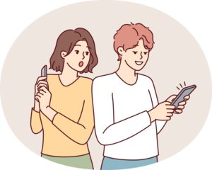 Curious woman looking at boyfriend phone spying on social media correspondence. Vector image