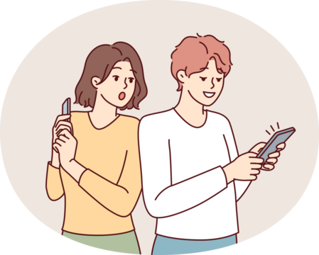 Curious woman looking at boyfriend phone spying on social media correspondence. Vector image