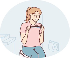 Positive woman sitting in toilet happily looking at pregnancy test result. Vector image