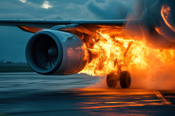Airplane an emergency landing on runway with damaged engine that started burning AI Generation - obrazy, fototapety, plakaty