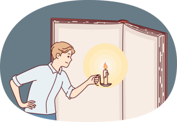 Inquisitive man with candle illuminates pages giant book in effort to gain knowledge. Vector image
