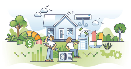 HVAC system cost and effective heating expenses reduction outline concept. Low energy bills and saving money after modern air conditioning or climate control unit installation vector illustration.
